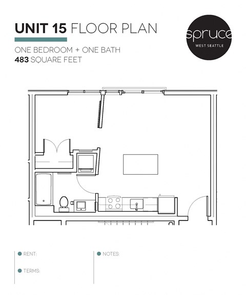 Floor plan for 1 bed, 1 bath, 483 sqft